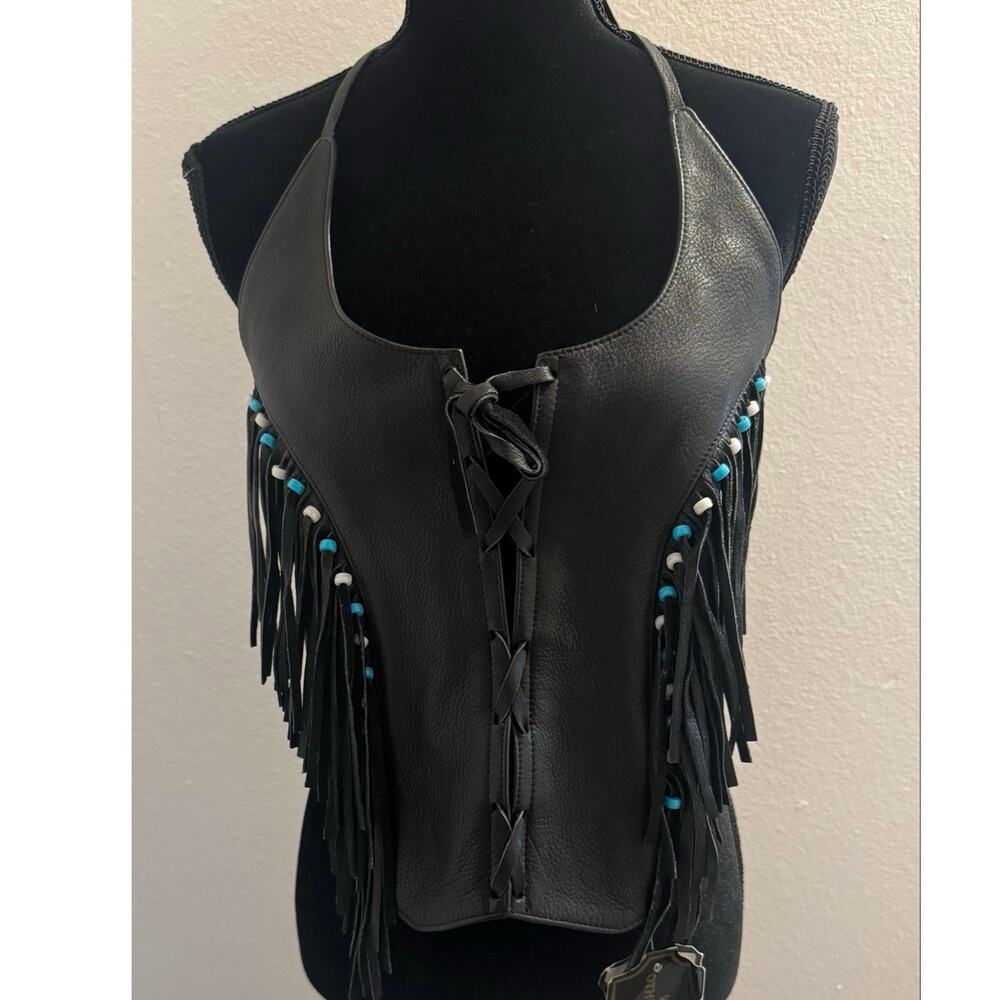 NWT Vtg Y2K Bikers Club Black Leather Fringe Lace Up Halter Corset Top Beaded M